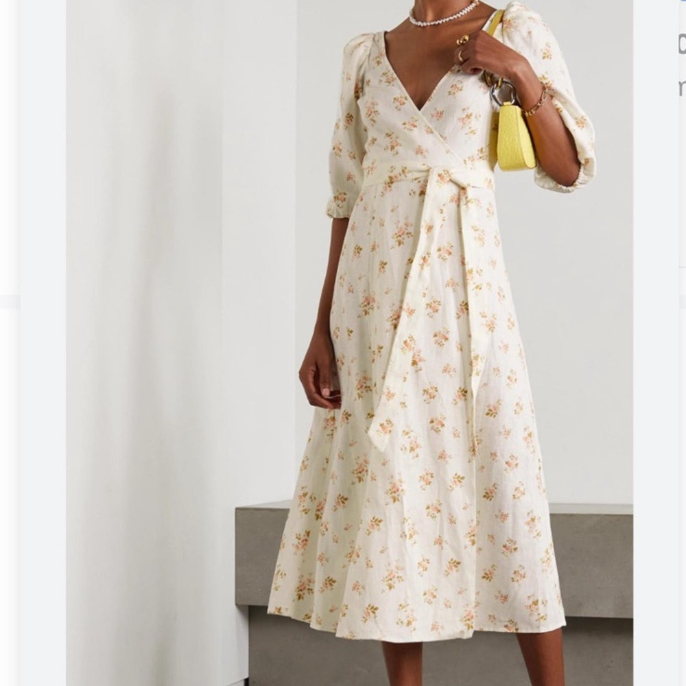Reformation mint floral print linen wrap midi dress in white size large